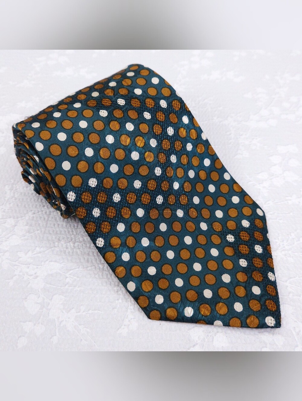 Hugo Boss Silk Tie ITALY Green White Brown Dots 59" x 3.75"